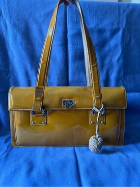 Salvatore Ferragamo Patent camel color Shoulder Bag with leather Charm Accent